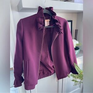 Ted Baker LYDIA burgundy red crepe ruffle bomber jacket